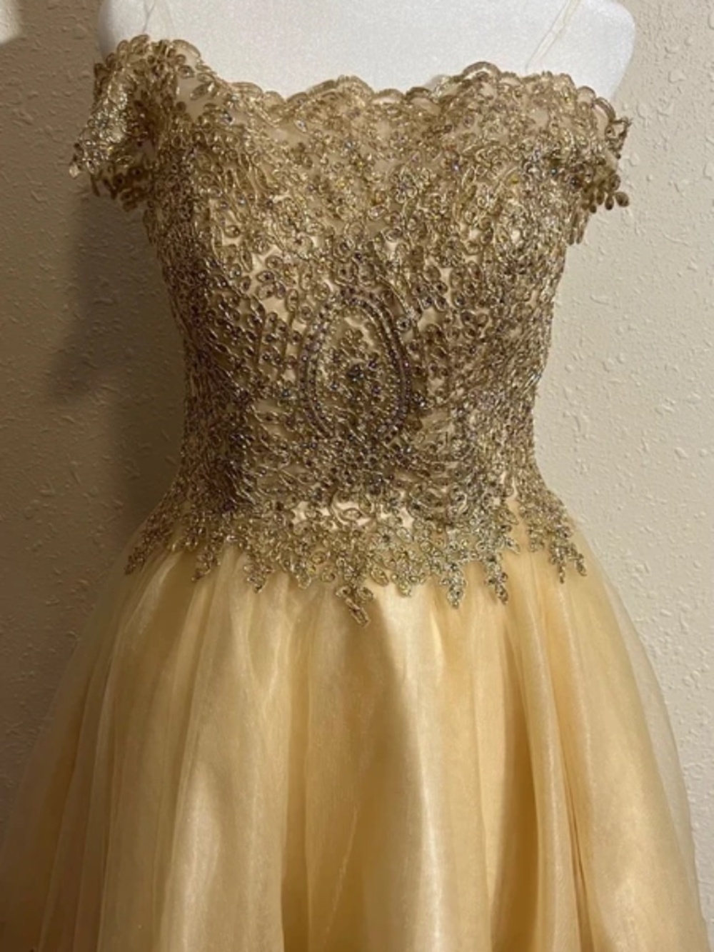 Lenovia Champagne Gold Beaded Off-Shoulder Formal Dress | S